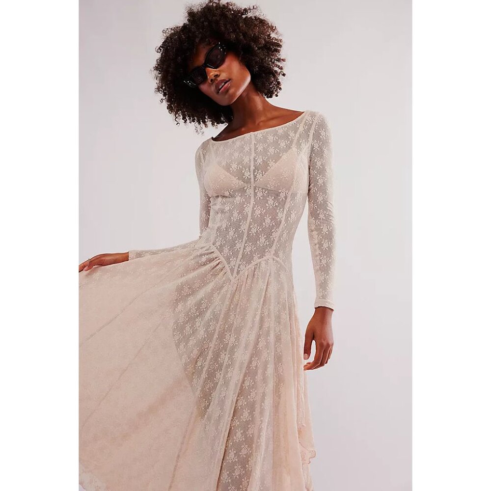 Free People Sheer Lace Long-Sleeve Chemise in Nude